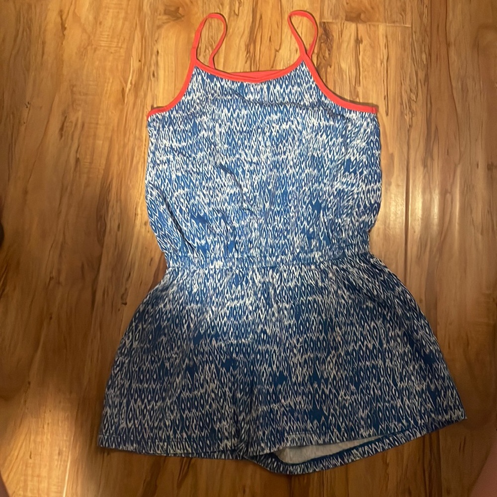 Blue and white Harper Canyon romper with red straps